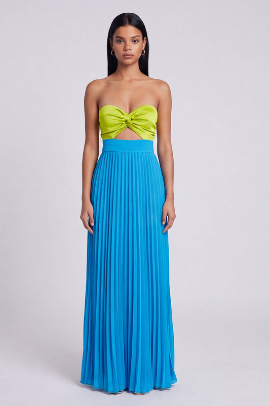 Sweetheart A-Line Green and Blue Pleated Maxi Dress with Bow