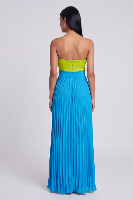 Sweetheart A-Line Green and Blue Pleated Maxi Dress with Bow