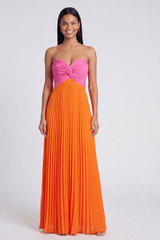 Robe longue plissée rose et orange coupe trapèze à col cœur et nœud