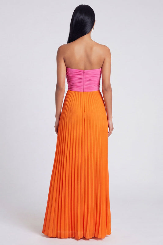 Robe longue plissée rose et orange coupe trapèze à col cœur et nœud