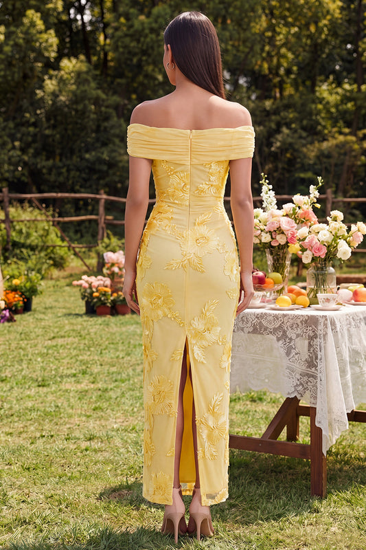 Off the Shoulder Yellow Bodycon Appliqued Maxi Floral Dress with Slit