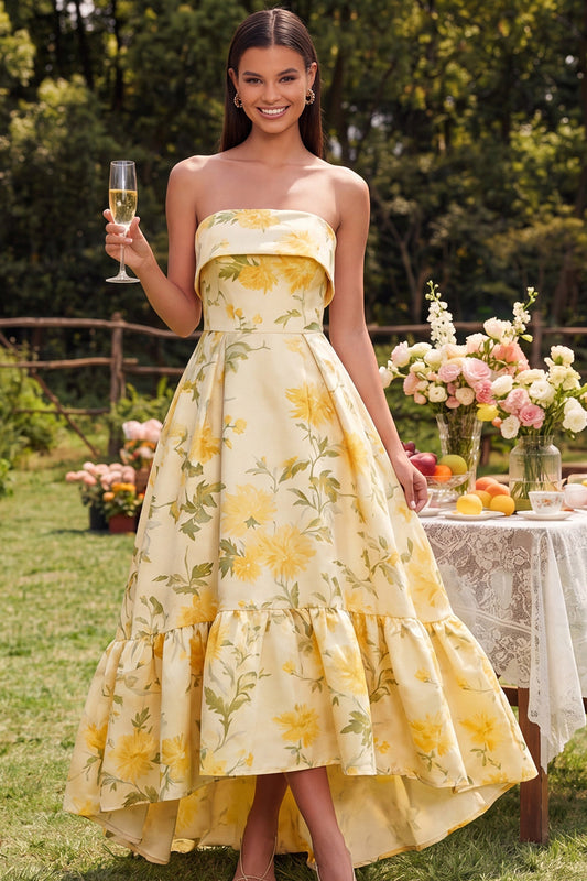 Yellow Strapless A Line High-Low Floral Dress