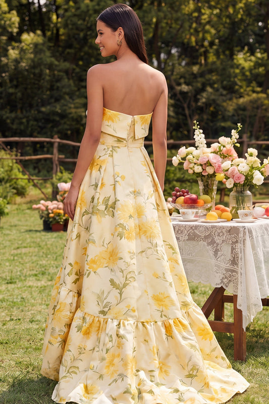 Yellow Strapless A Line High-Low Floral Dress