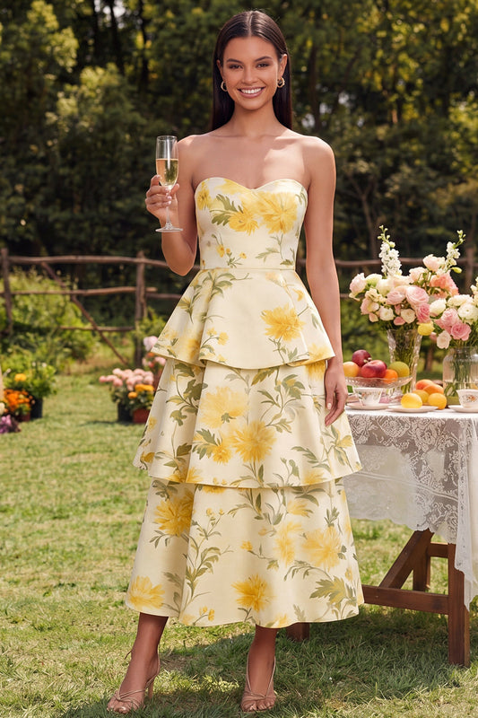 Strapless Yellow Floral A Line Tiered Midi Dress