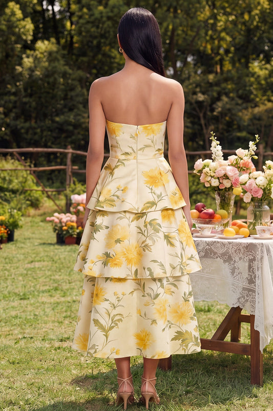 Strapless Yellow Floral A Line Tiered Midi Dress