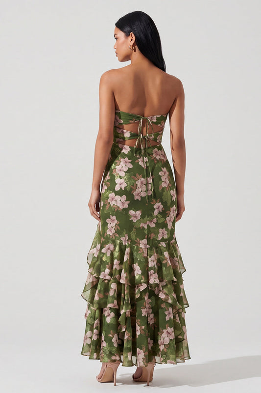 Robe longue sirène vert foncé sans bretelles à découpes à volants et imprimé floral