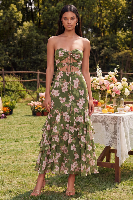 Robe longue sirène vert foncé sans bretelles à découpes à volants et imprimé floral