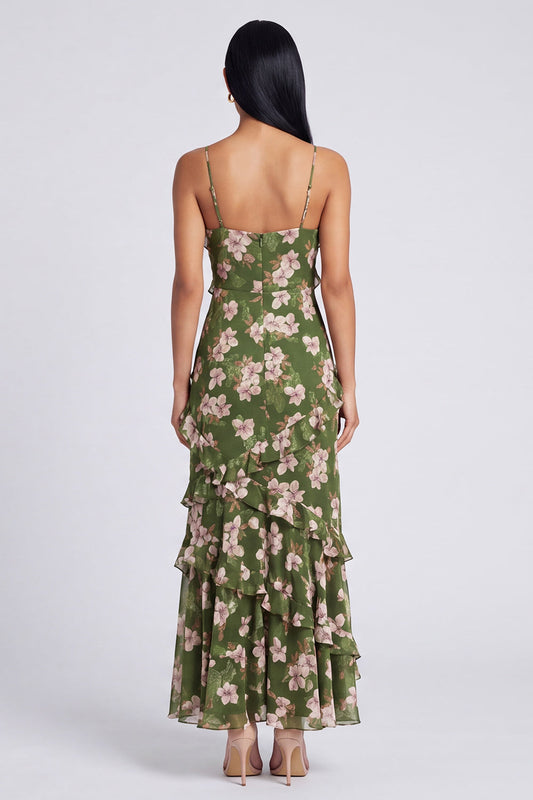 Robe longue fourreau vert foncé à bretelles fines avec motif floral et volants
