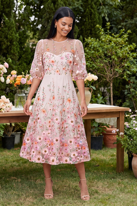 Pink A-Line Round Neck Embroidered Midi Floral Dress with Half Sleeves