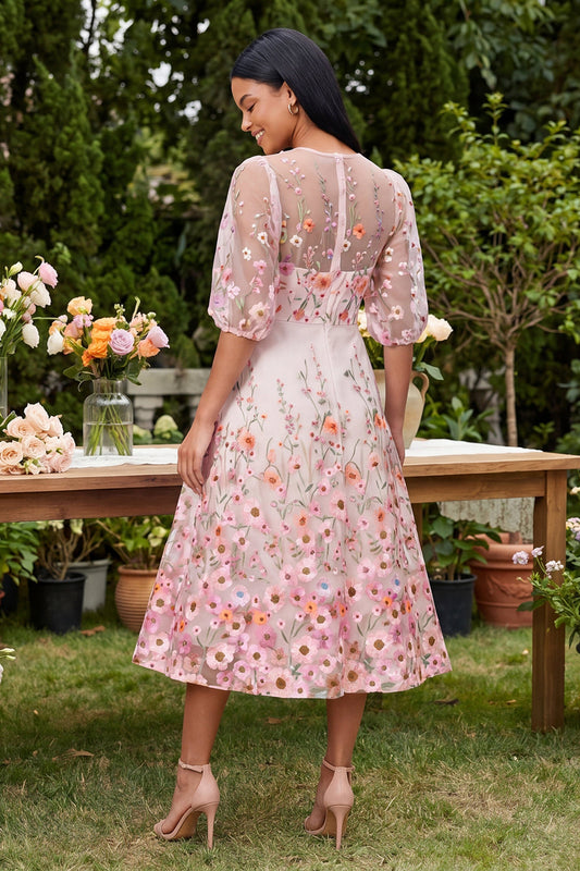 Pink A-Line Round Neck Embroidered Midi Floral Dress with Half Sleeves