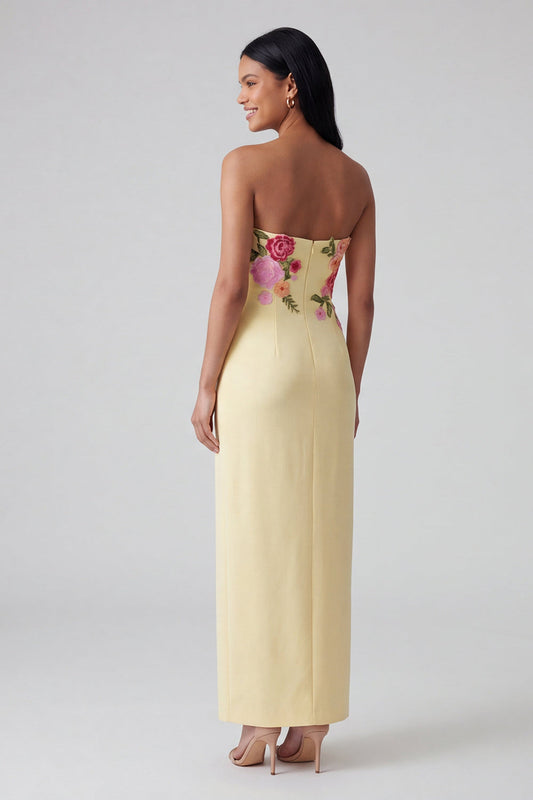 Light Yellow Strapless Sheath Long Floral Dress