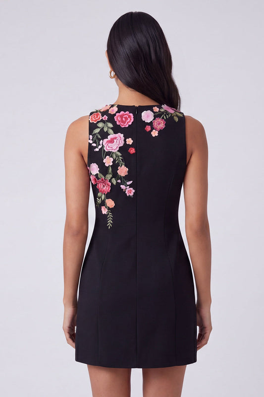 Black Round Neck Bodycon Mini Floral Dress