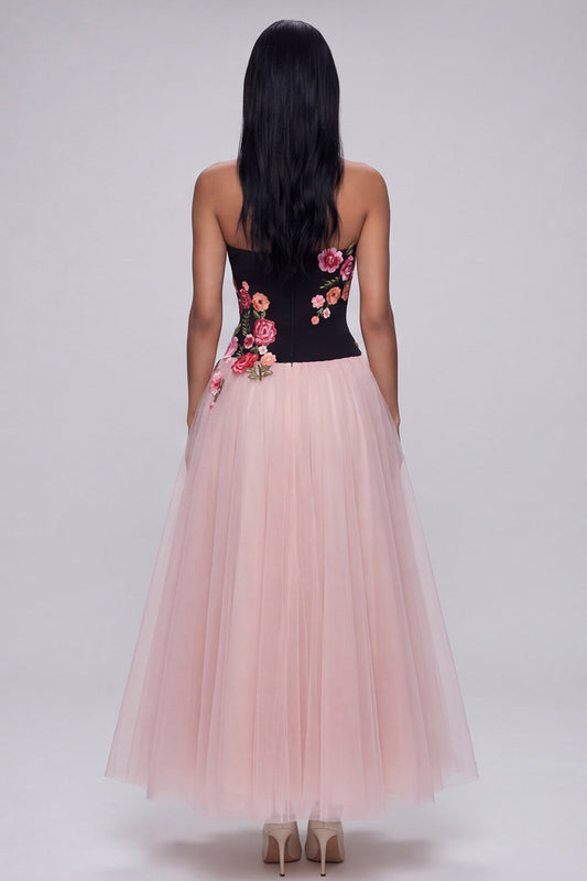 A-Line Black and Pink Strapless Tulle Long Floral Dress