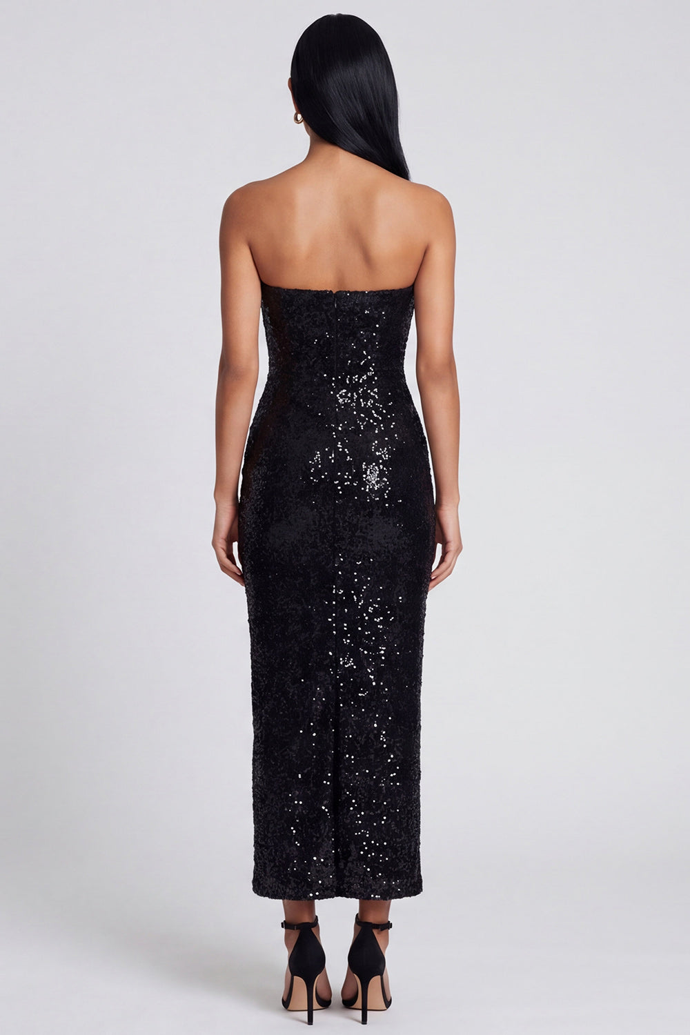 Robe longue de soirée noire sans bretelles, coupe droite, paillettes florales scintillantes