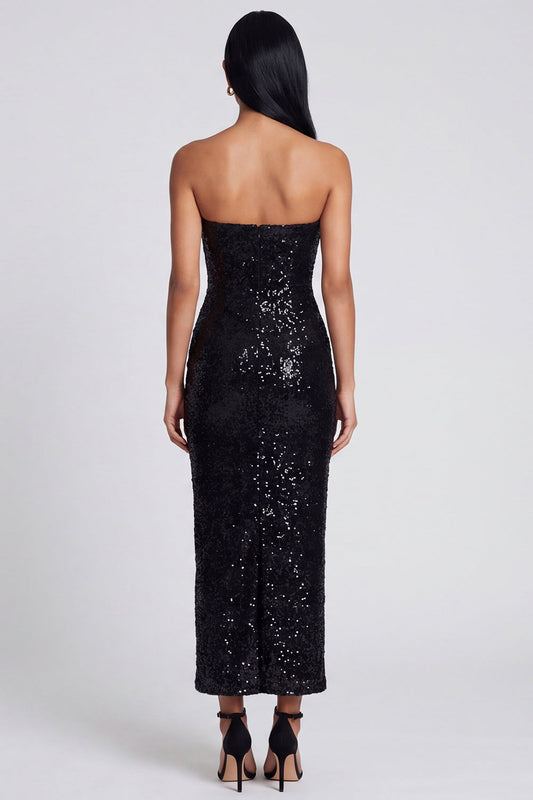 Sparkly Black Strapless Sheath Long Floral Sequined Dress