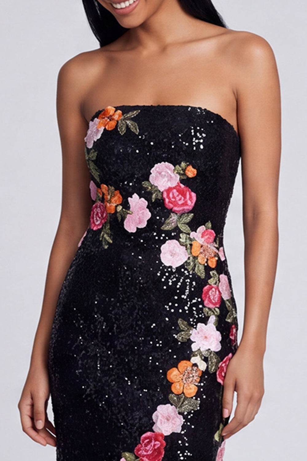 Robe longue de soirée noire sans bretelles, coupe droite, paillettes florales scintillantes