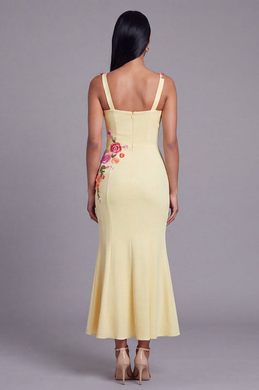Light Yellow Mermaid Long Floral Dress with Appliques