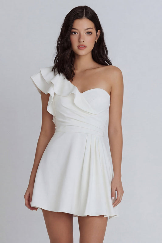 Marfil A-Line Vestido Mini con Un Solo Hombro Fruncido y Volantes