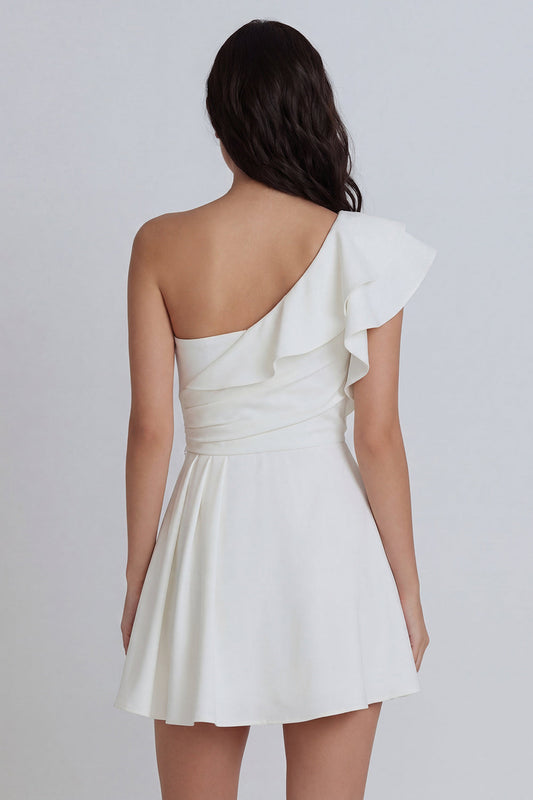 Marfil A-Line Vestido Mini con Un Solo Hombro Fruncido y Volantes