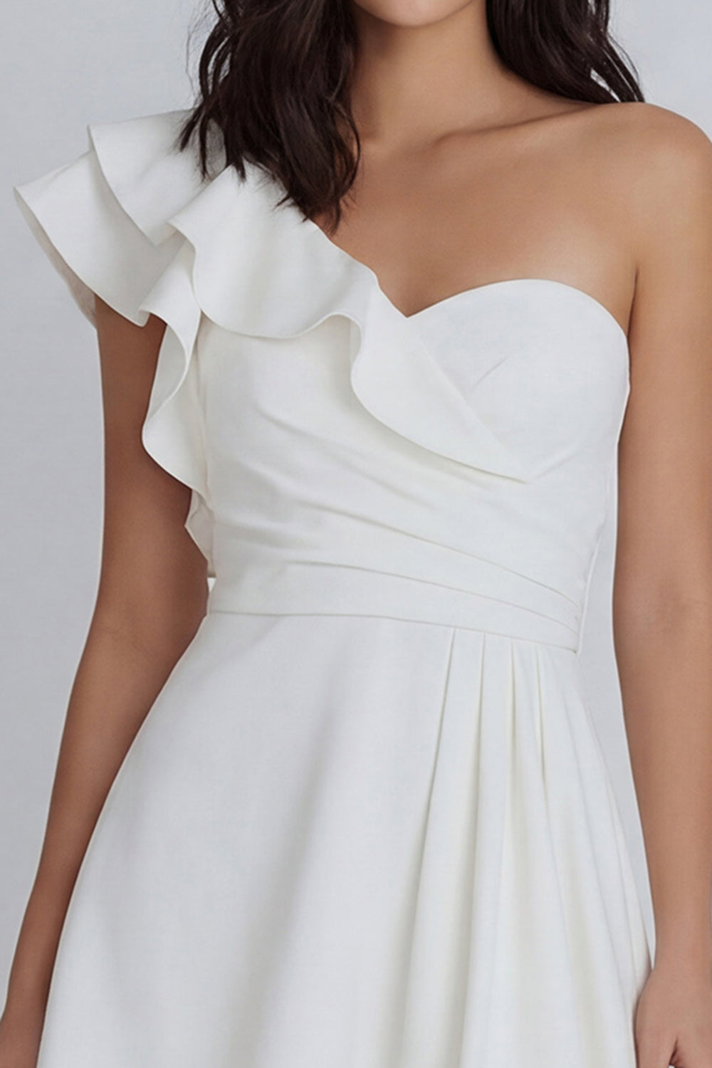 Ivory A-Line One Shoulder Ruched Mini Dress with Ruffles