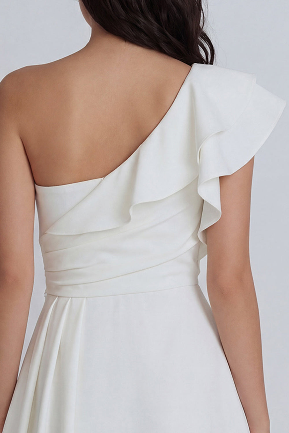 Ivory A-Line One Shoulder Ruched Mini Dress with Ruffles