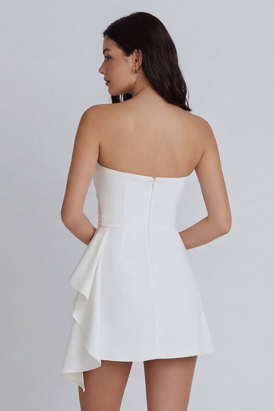 Ivory Strapless Bodycon Ruched Mini Dress with Ruffles