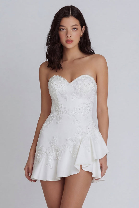 Ivory Sweetheart A-Line Appliqued Beaded Mini Dress with Ruffles