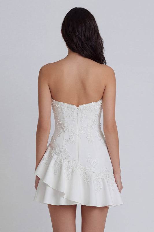 Ivory Sweetheart A-Line Appliqued Beaded Mini Dress with Ruffles