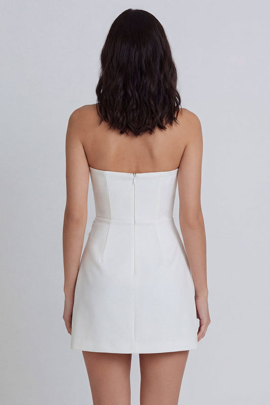 A-Line Strapless Ruched Little White Dress