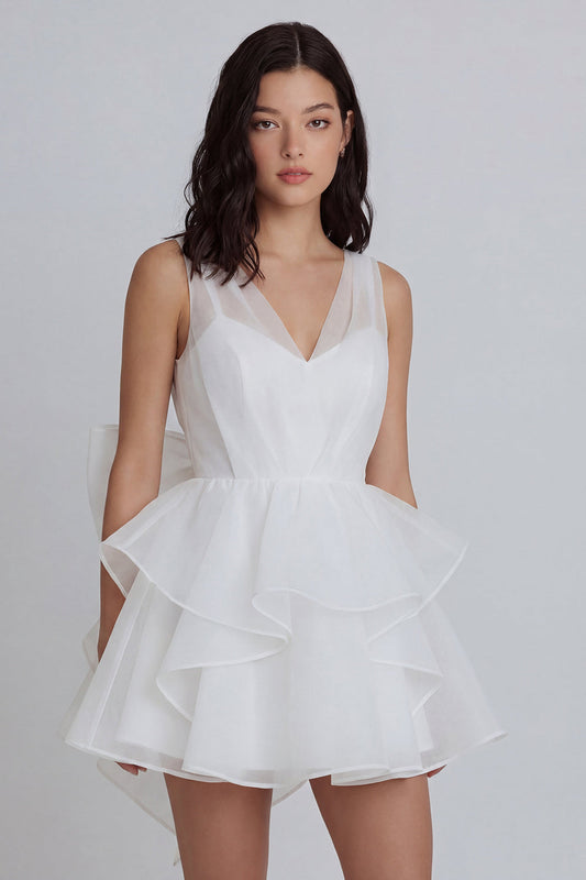 Ivory A-Line Tulle V-Neck Ruffled Mini Dress with Bow