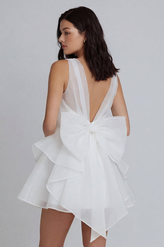 Ivory A-Line Tulle V-Neck Ruffled Mini Dress with Bow