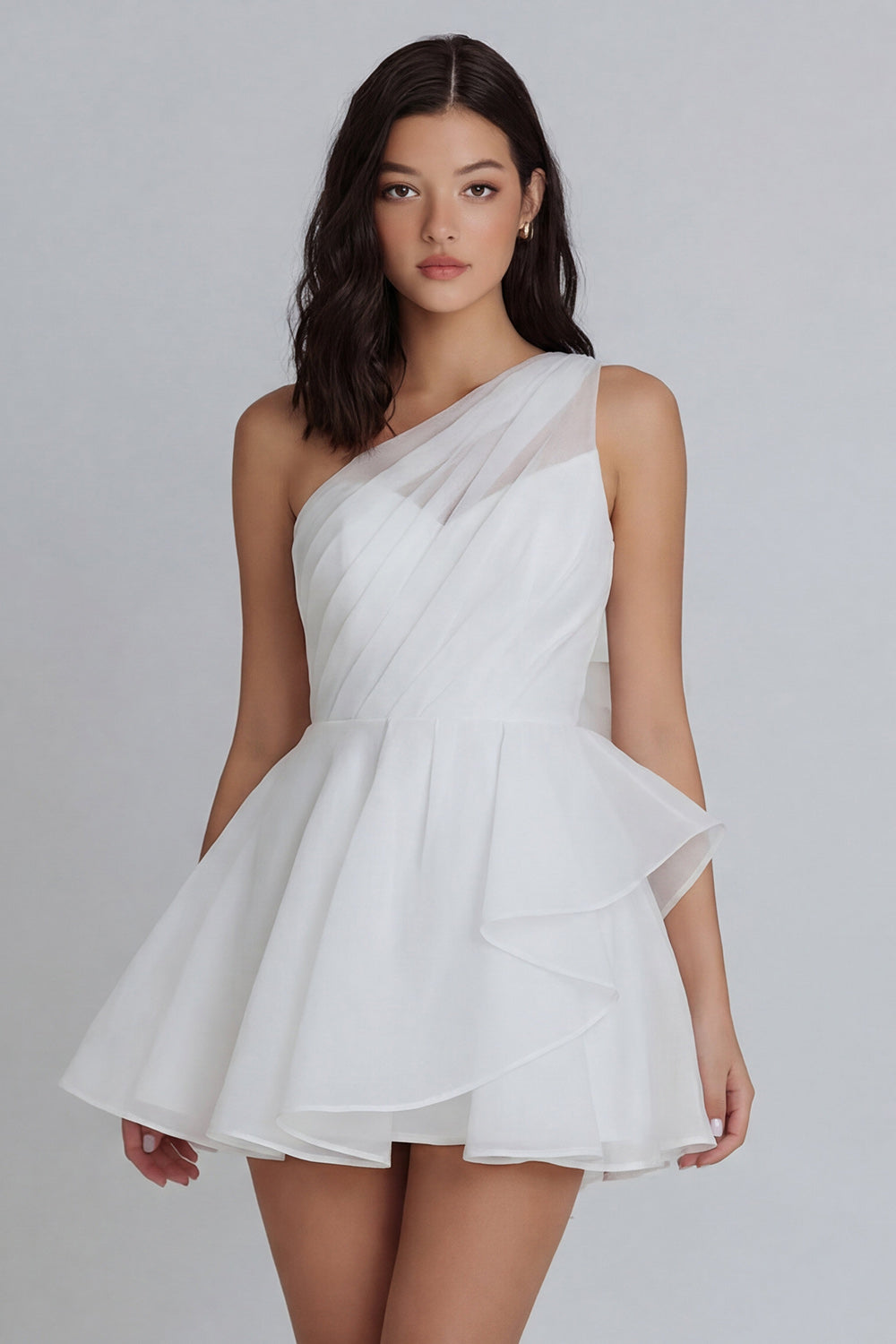 A-Line One Shoulder Tulle Ruched White Mini Dress with Ruffles