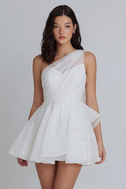 Vestido Mini Blanco Fruncido de Tul con Volantes de un Solo Hombro y Corte en A