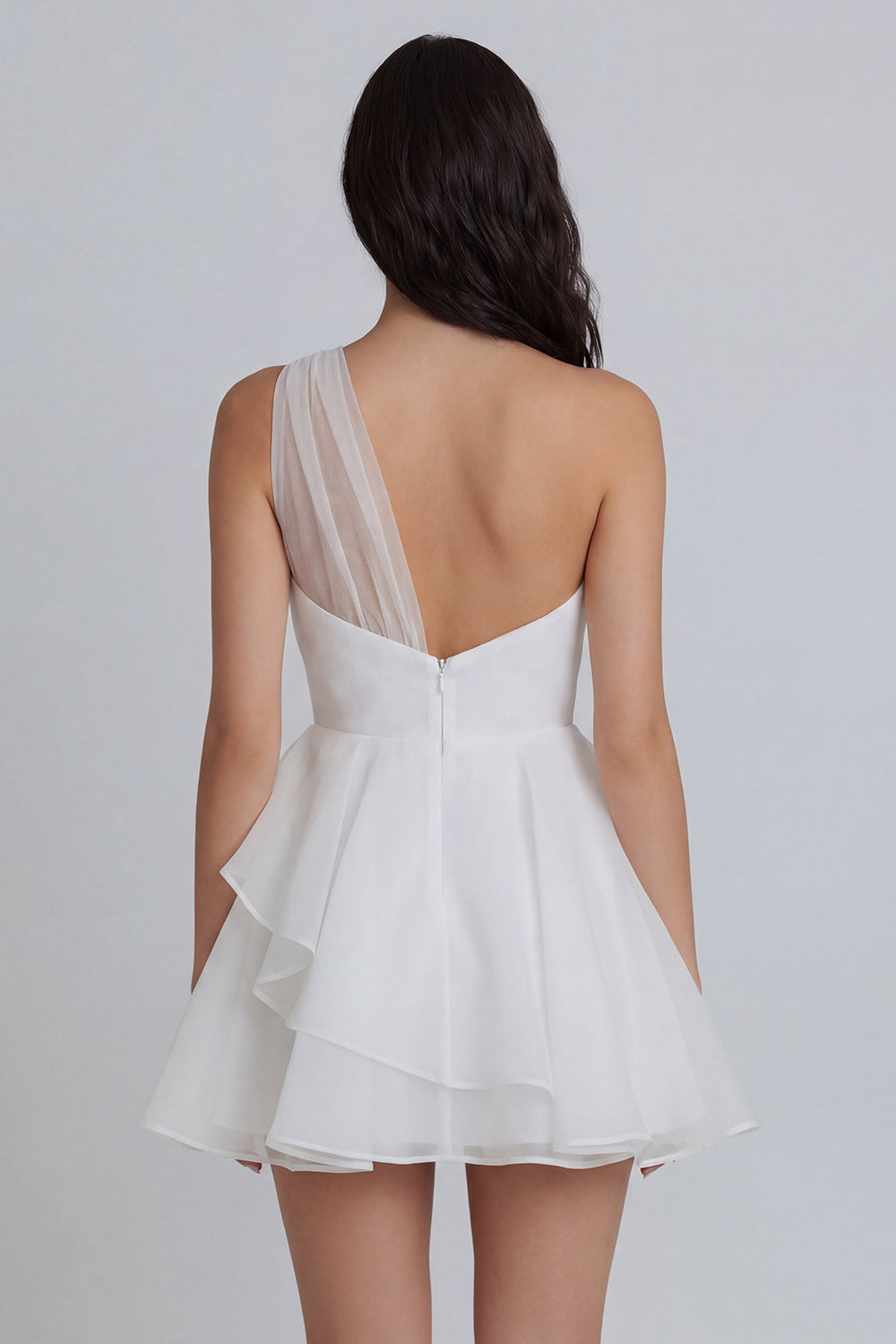 A-Line One Shoulder Tulle Ruched White Mini Dress with Ruffles