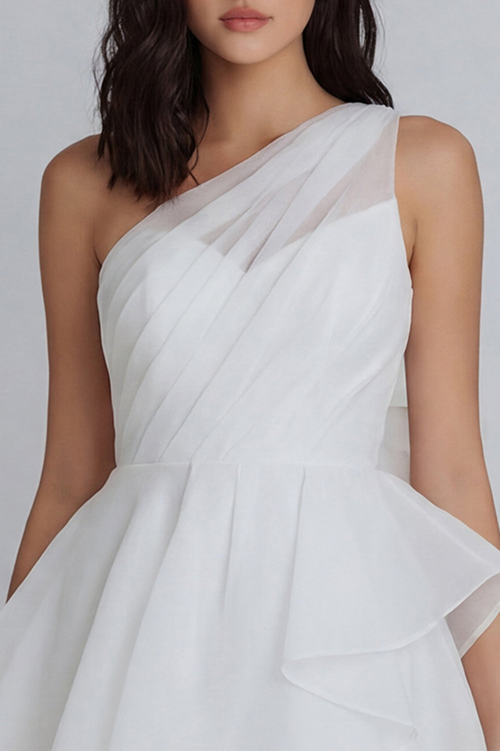 A-Line One Shoulder Tulle Ruched White Mini Dress with Ruffles