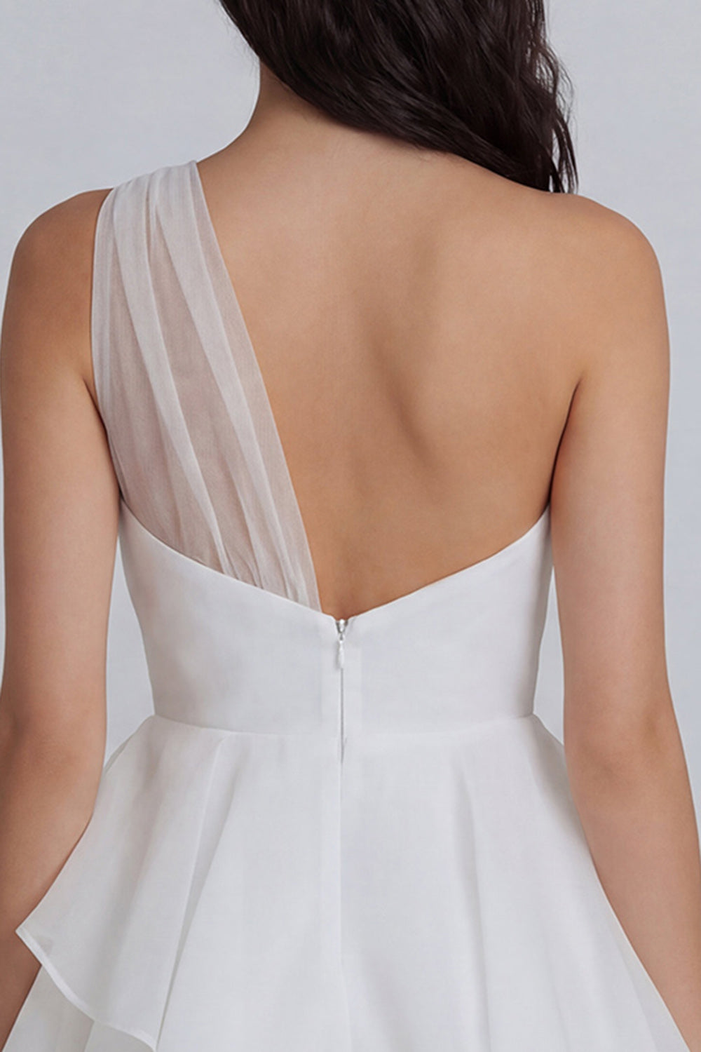 A-Line One Shoulder Tulle Ruched White Mini Dress with Ruffles