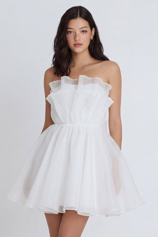 A-Line Tulle Strapless Ruched Pleated Little White Dress with Bow