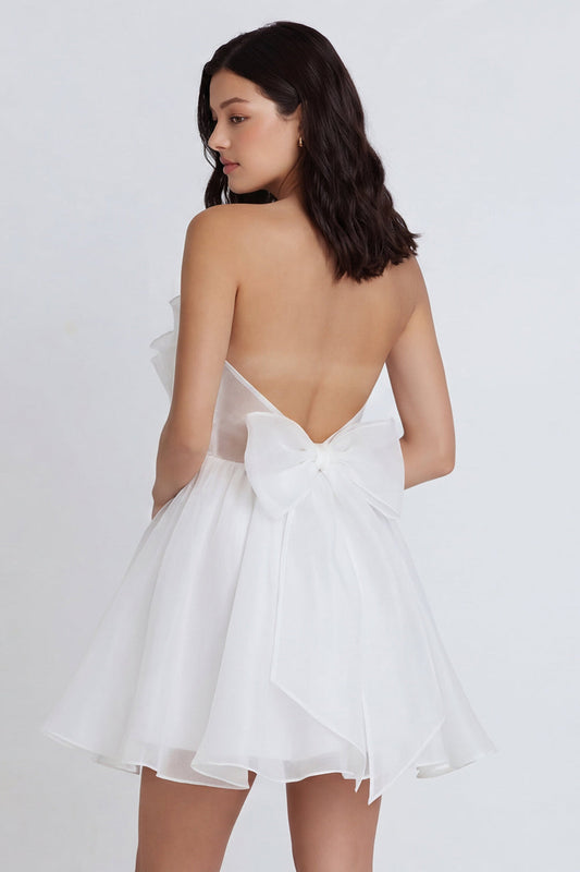 A-Line Tulle Strapless Ruched Pleated Little White Dress with Bow