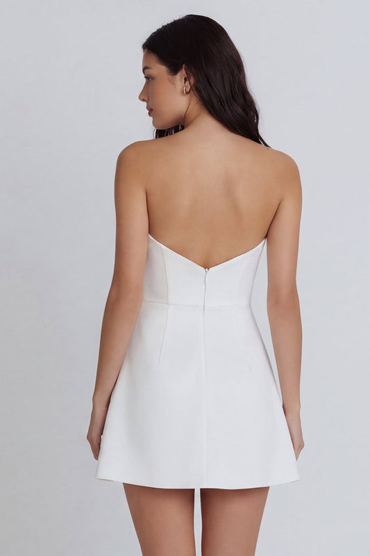 Strapless Bodycon Ruched White Mini Dress with Slit