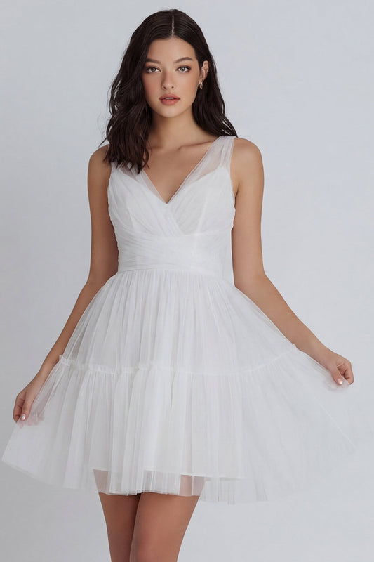 Tulle A-Line Ivory V-Neck Ruched Mini Dress