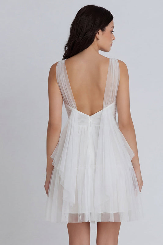 Tulle A-Line Ivory V-Neck Ruched Mini Dress