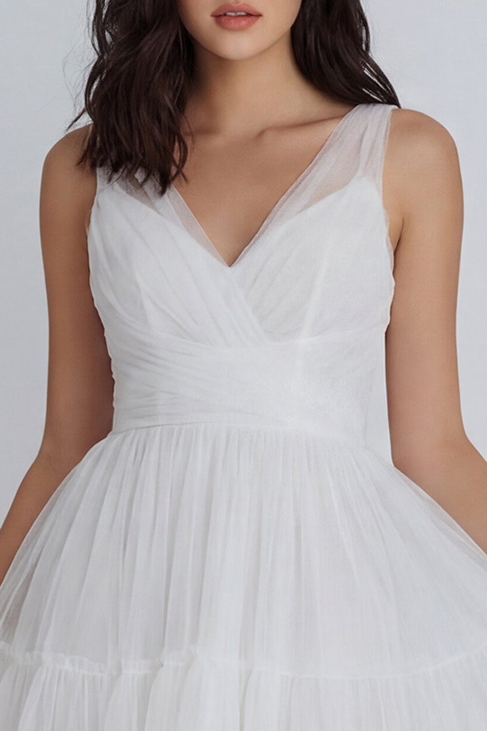Tulle A-Line Ivory V-Neck Ruched Mini Dress