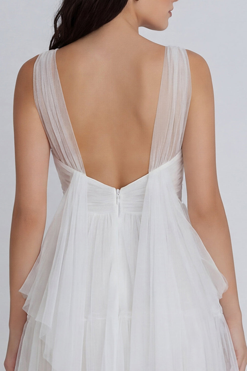Tulle A-Line Ivory V-Neck Ruched Mini Dress