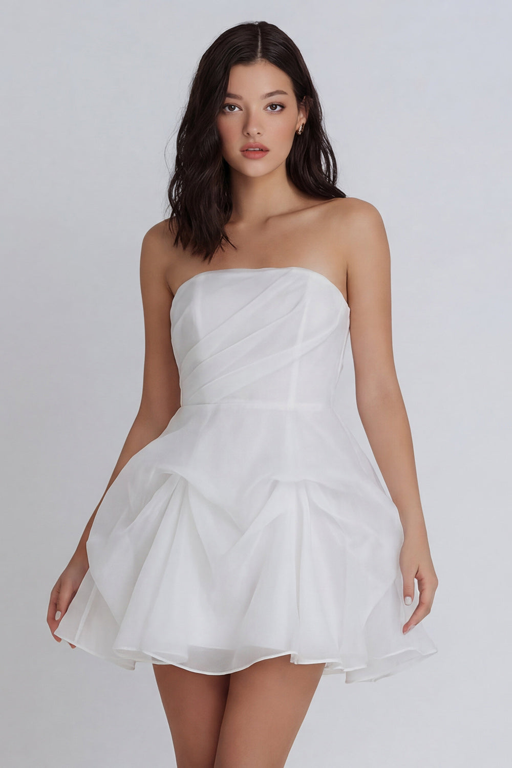 Robe Courte Sans Bretelles en Tulle Ivoire Froncée Ligne A avec Nœud