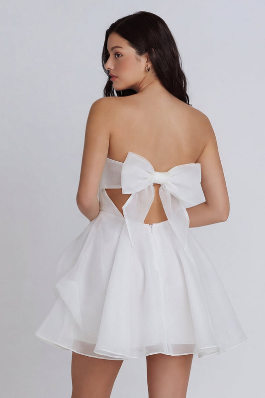 A-Line Tulle Strapless Ivory Ruched Mini Dress with Bow
