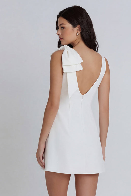 Ivory Bodycon Round Neck Ruched Mini Dress with Bow