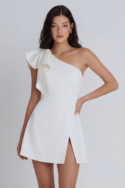 Ivory A-Line One-Shoulder Ruffled Mini Dress with Slit