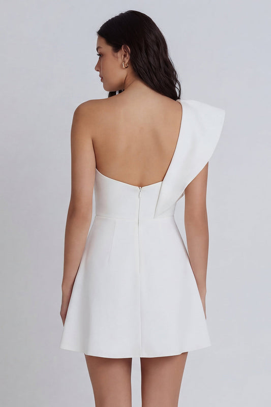 Ivory A-Line One-Shoulder Ruffled Mini Dress with Slit