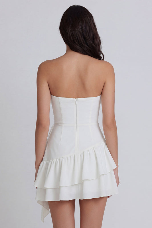 Vestido de fiesta sin tirantes con pliegues, línea A, color marfil, con volantes