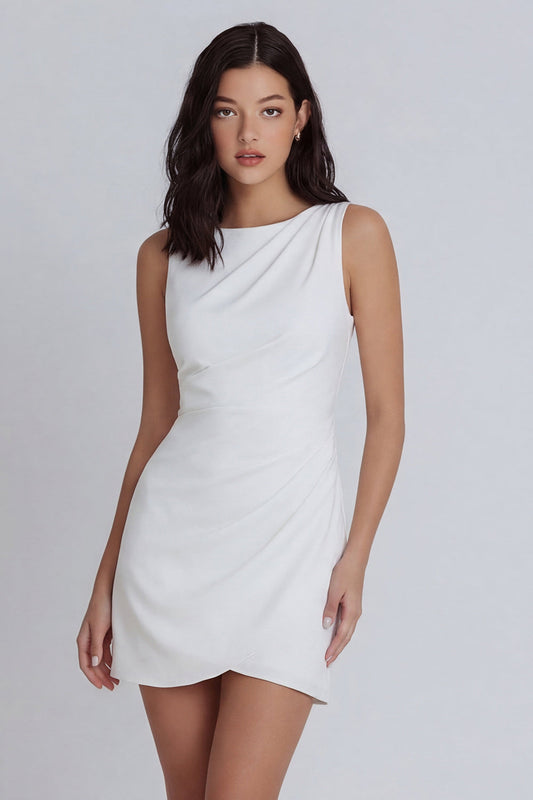 Ivory Bodycon Round Neck Ruched Mini Dress